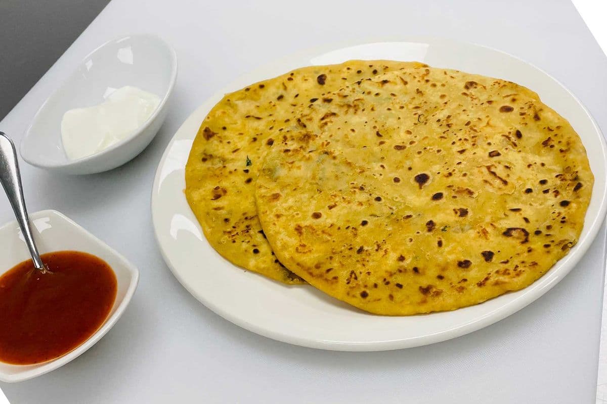2 Aloo-Onion Paratha with yogurt, Pickle & Pop