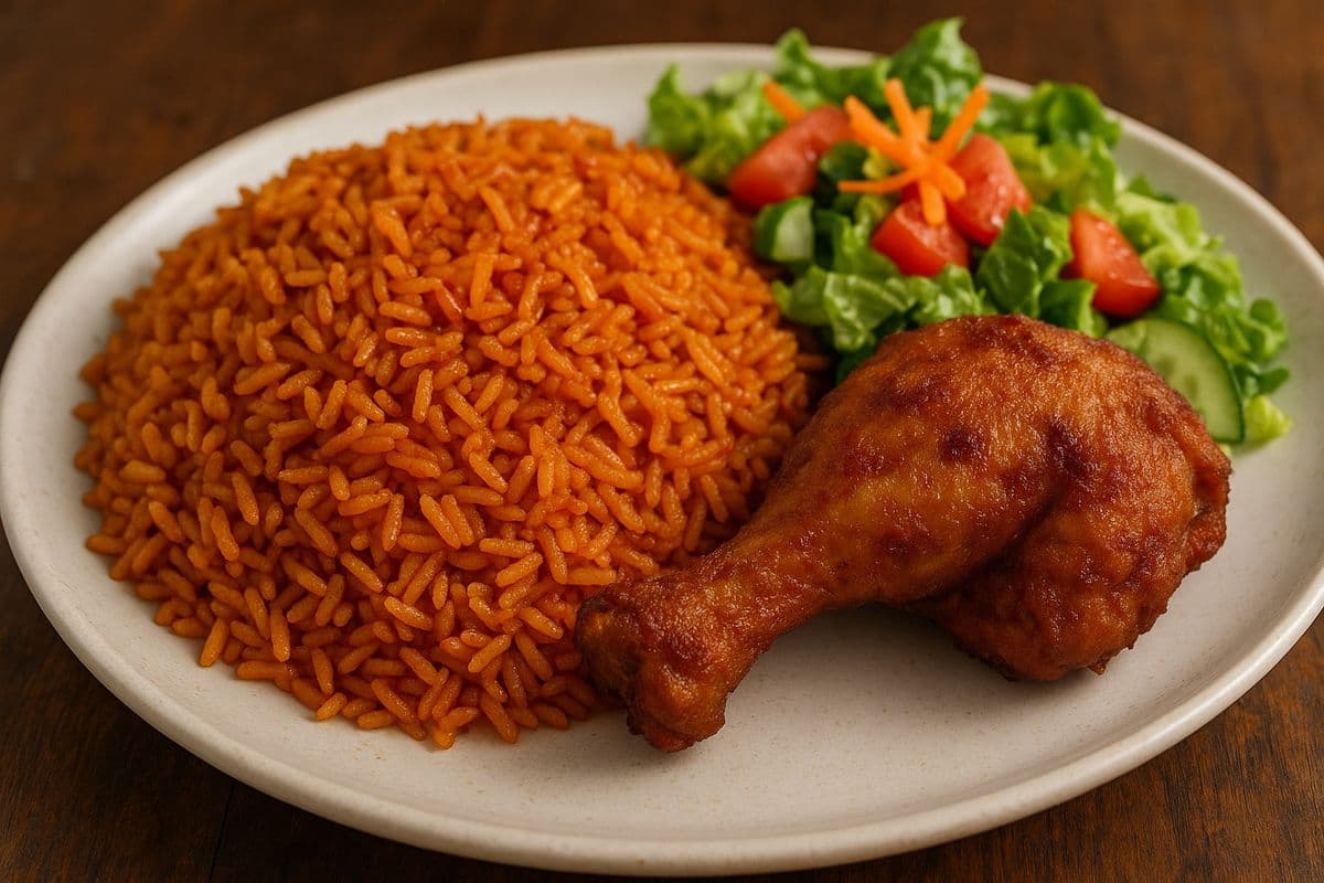 Jollof rice with fried chicken and salad