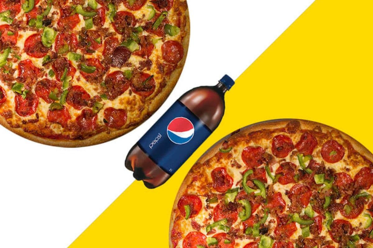 Two Medium Pizzas with Any Two Toppings + 2L Pop