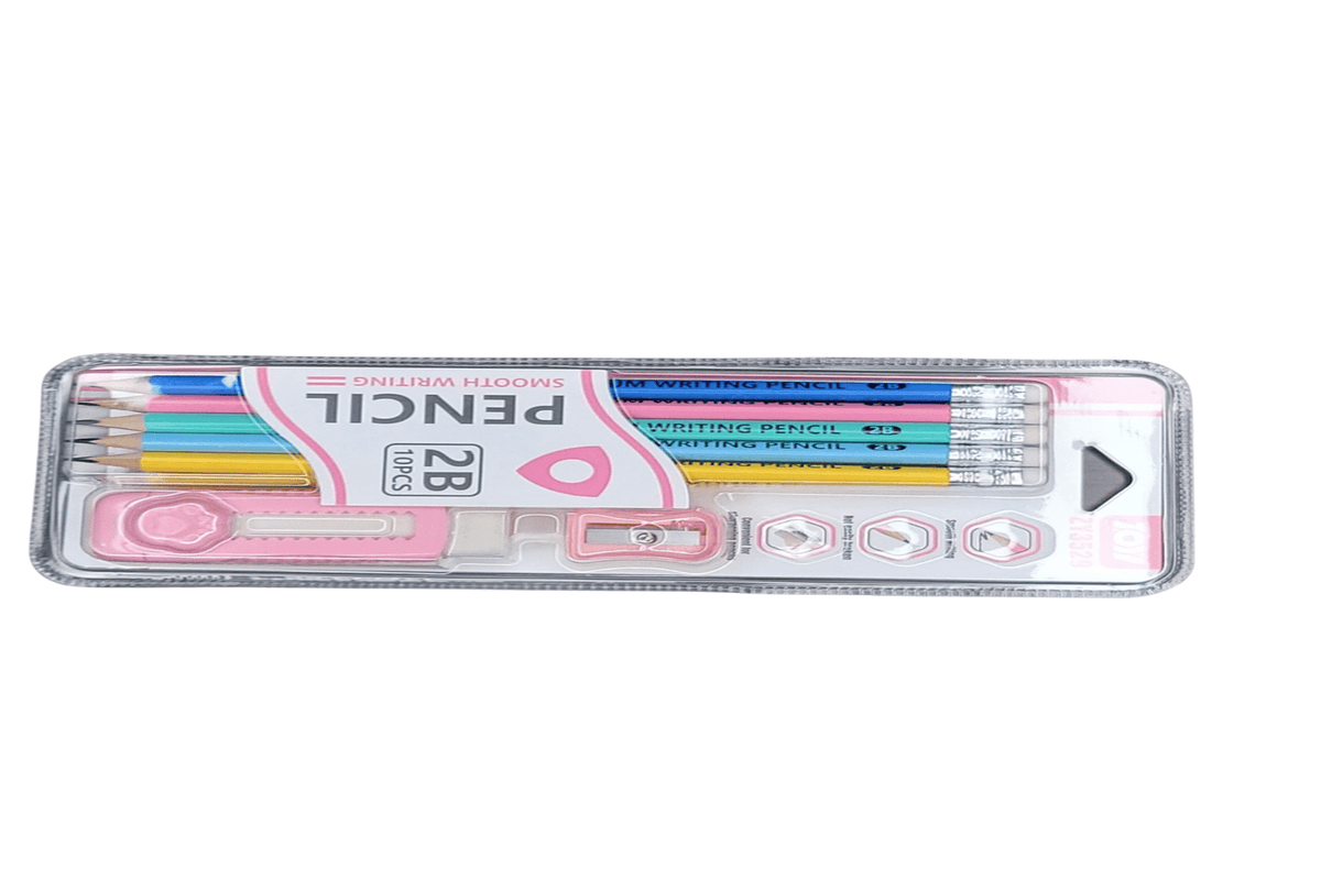 Premium Writing Pencils 2B | Pre-Sharpened | with Sharpener and Adjustable Eraser | 10 pcs