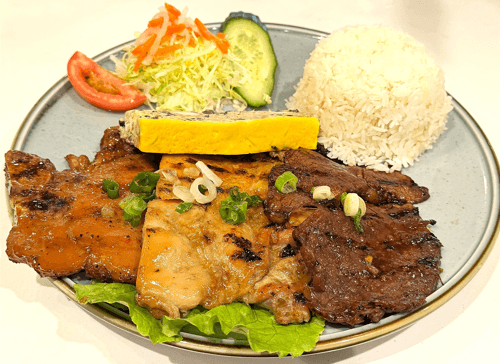 N7. Pork Chop, Chicken, Beef & Egg Loaf on Rice 