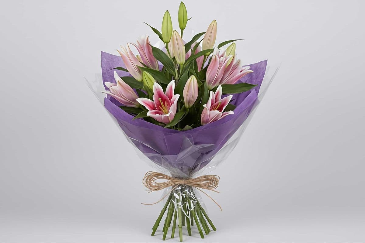 Hand Tied Bouquet - Featuring 5 Stargazer Lilies $79.95 - Vase add on available
