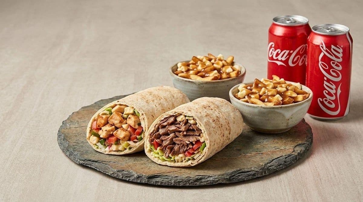 Trio #10 - 2 pitas Shish Taouk, Shawarma ou Gyros + 2 mini poutines + 2 breuvages