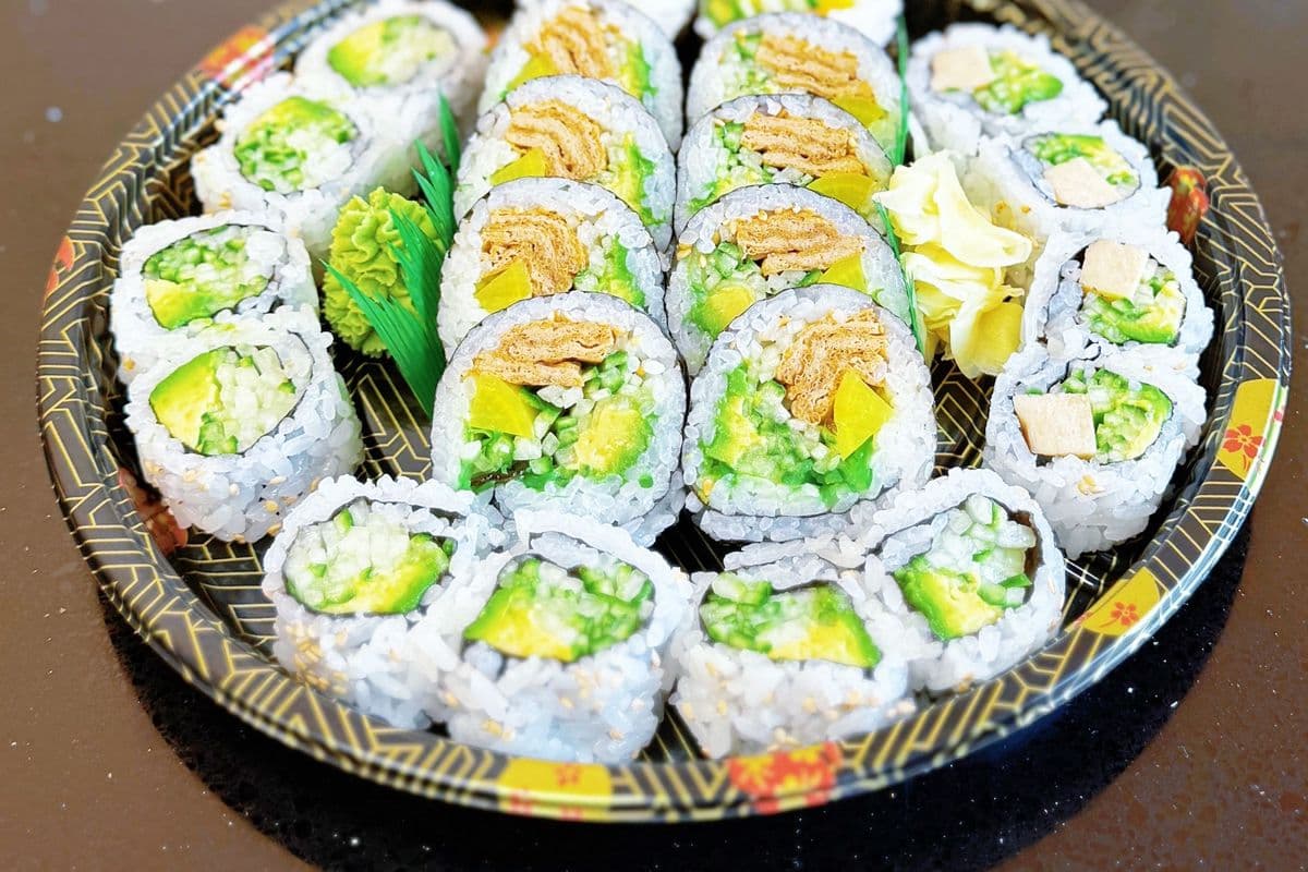 AC8 Fotomaki Roll (10 pcs), Avocado Cucumber Roll (8 pcs), and Vegan California Roll (4 pcs)