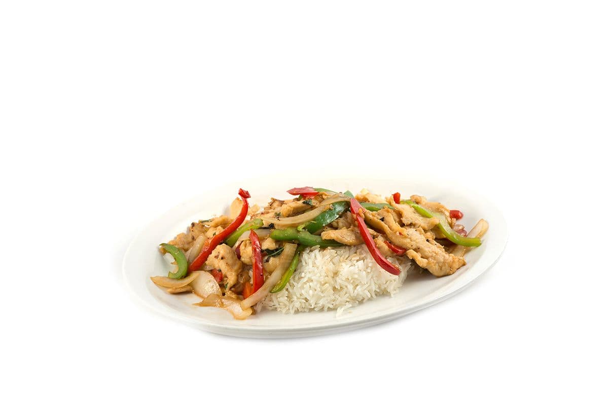 37. Poulet à la thaï sauté sur riz blanc / Fried Thai Chicken on White Rice
