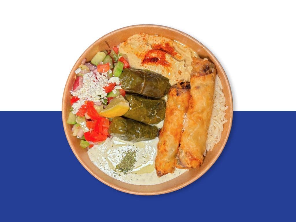 TR Veggie Bowl, buttery rice, choban salad, hummus, cacik, 3 dolma, 2 TR Cheese Borek