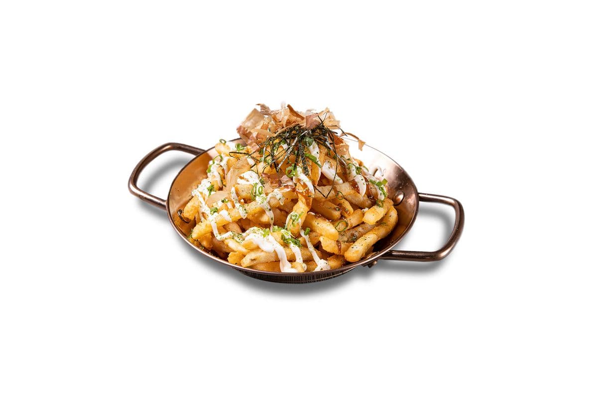 L12. Okonomiyaki Fries with Mayonnaise, House Special Teriyaki, Seaweed, and Dried Fish Flakes