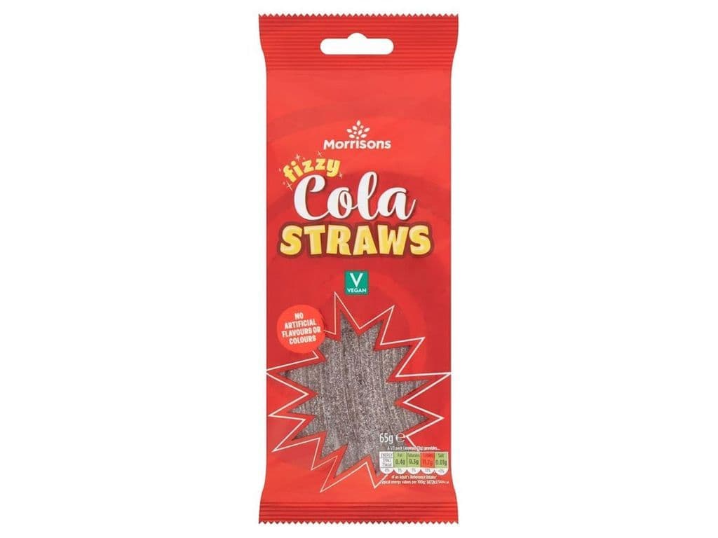 Morrisons Fizzy Cola Straws Sour Vegan Gummy Strings 65g UK Grocery Store Exclusive