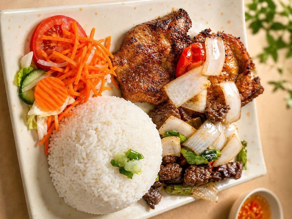 522. Grilled Pork Chop & Sauteed Beef Cubes on Rice
