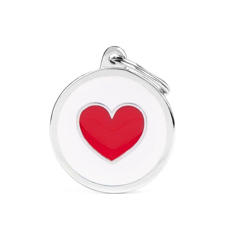 MyFamily White Circle Red Heart Engraved Tag