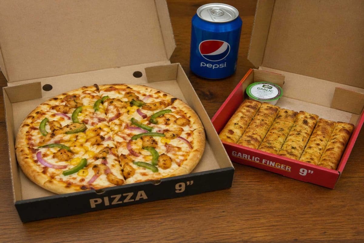 Any 9" Pizza with 9" Garlic Finger with Dip and Can Pop