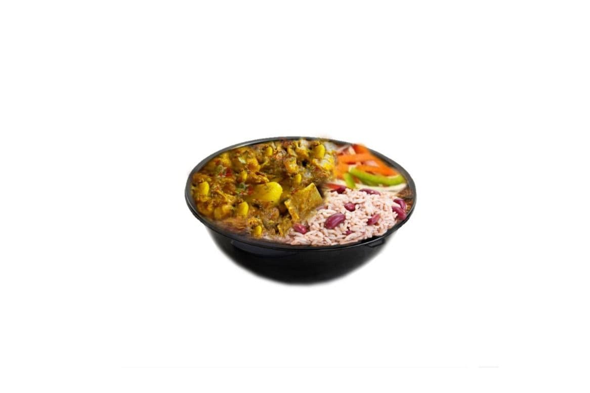 Curry Goat with Rice and Peas and Steamed Veggies