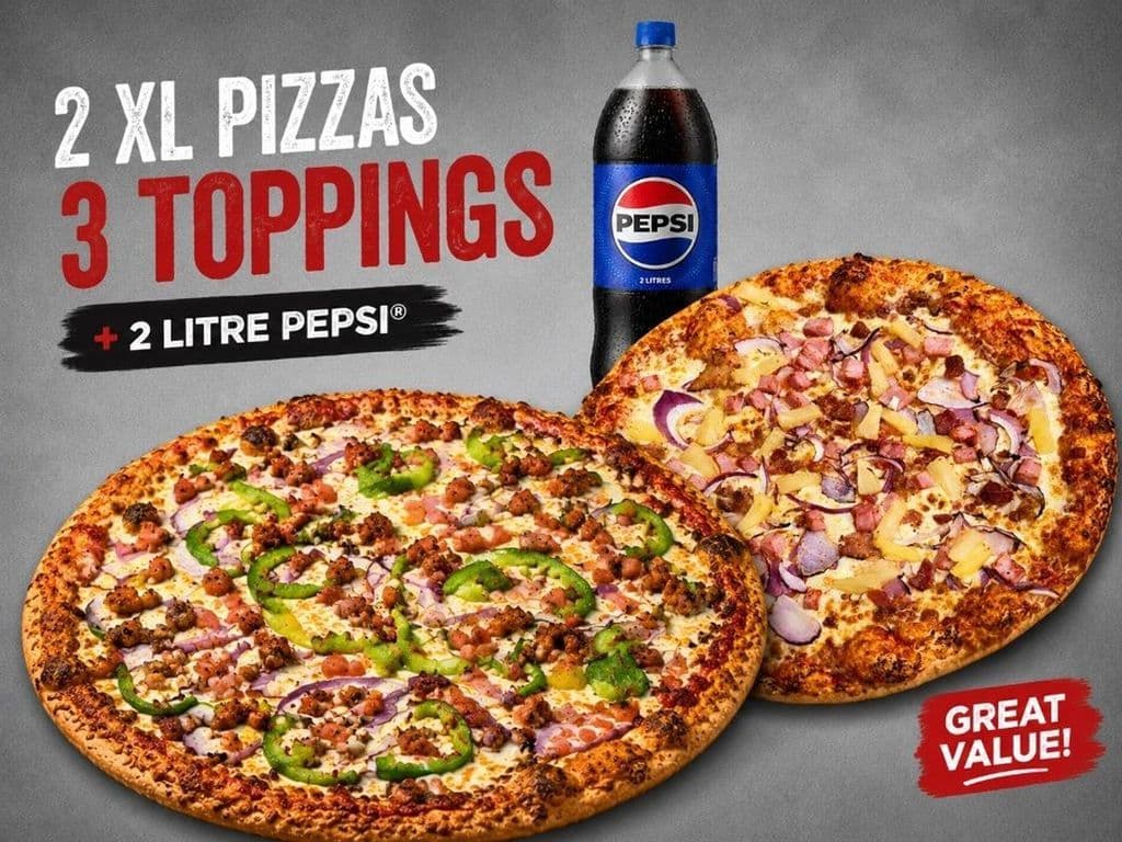 2 XL 3-Toppings Pizzas + 2L Pop