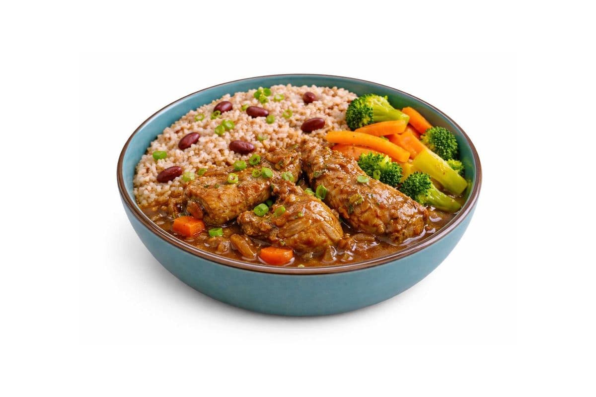 Stew Chicken with Rice, Peas, and Steamed Vegetables