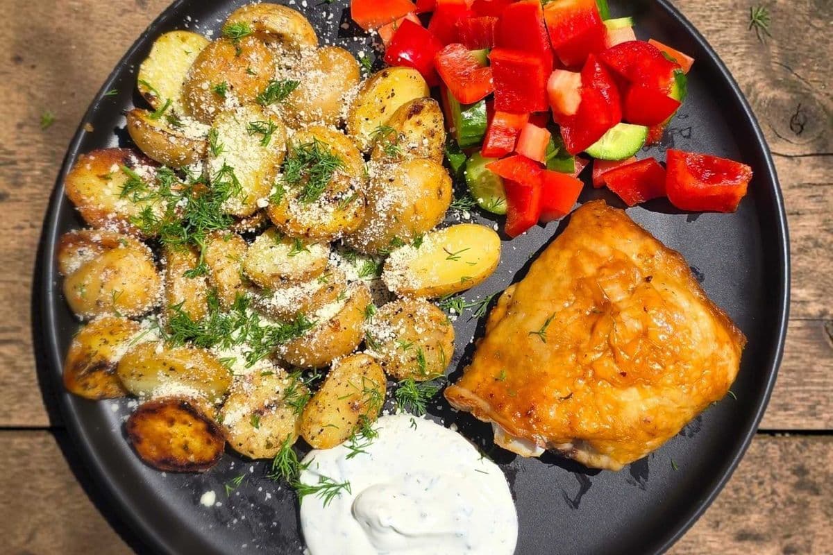 Baby Potatoes with Baked Chicken and Veggie Salad