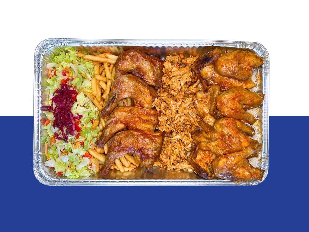CHICKEN LOVERS PLATTER, 2 Whole Chickens, 4 Chicken Legs, 500g Pulled Chicken, 3 Extra Large Sides, 8 House made rolls