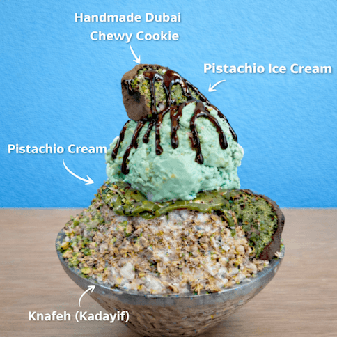 Hot in Korea 2026. Dubai Pistachio Bingsu (with Dubai Chewy Cookie) / 두바이 피스타치오 빙수 (두쫀쿠 포함) / 迪拜开心果刨冰（含迪拜软糯曲奇）