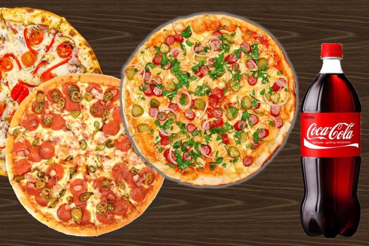Three Large Pizza with Three Toppers and Pop (2 L)