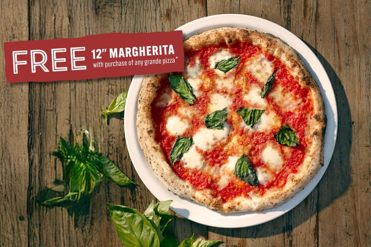 Buy any 15"+ Grande Pizza, Get a 12" Margherita Pizza for FREE