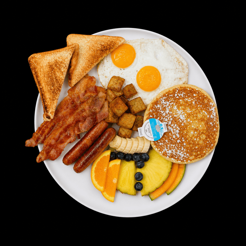 Deux (2) oeufs (1) crêpe ou (1) pain doré et une (1) viande / Two (2) eggs, (1) crepe or (1) French toast and one (1) meat