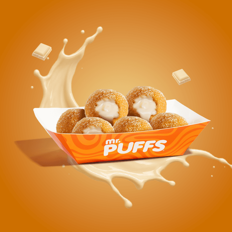 6 WHITE CHOCO STUFFED PUFFS COVERED WITH CINNAMON SUGAR / 6 CHOCO BLANC PUFFS FARÇIS COUVERT AVEC SUCRE CANNELLE