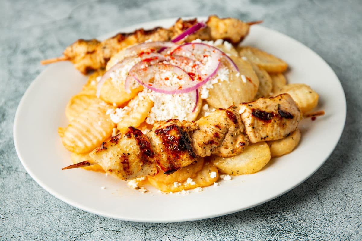 Greek Fries with Chicken Souvlaki (2pcs)