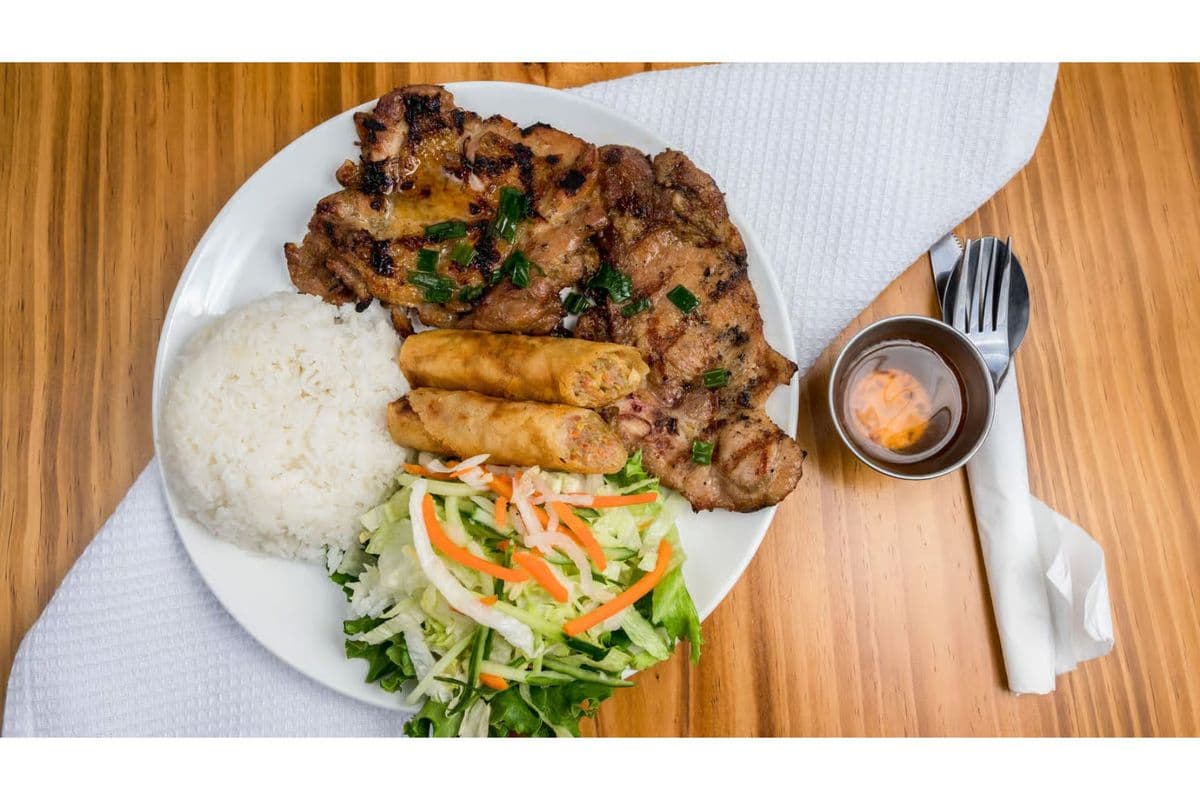 Grilled Chicken With Spring Rolls (Cơm Gà Nướng Xả Chả Giò)