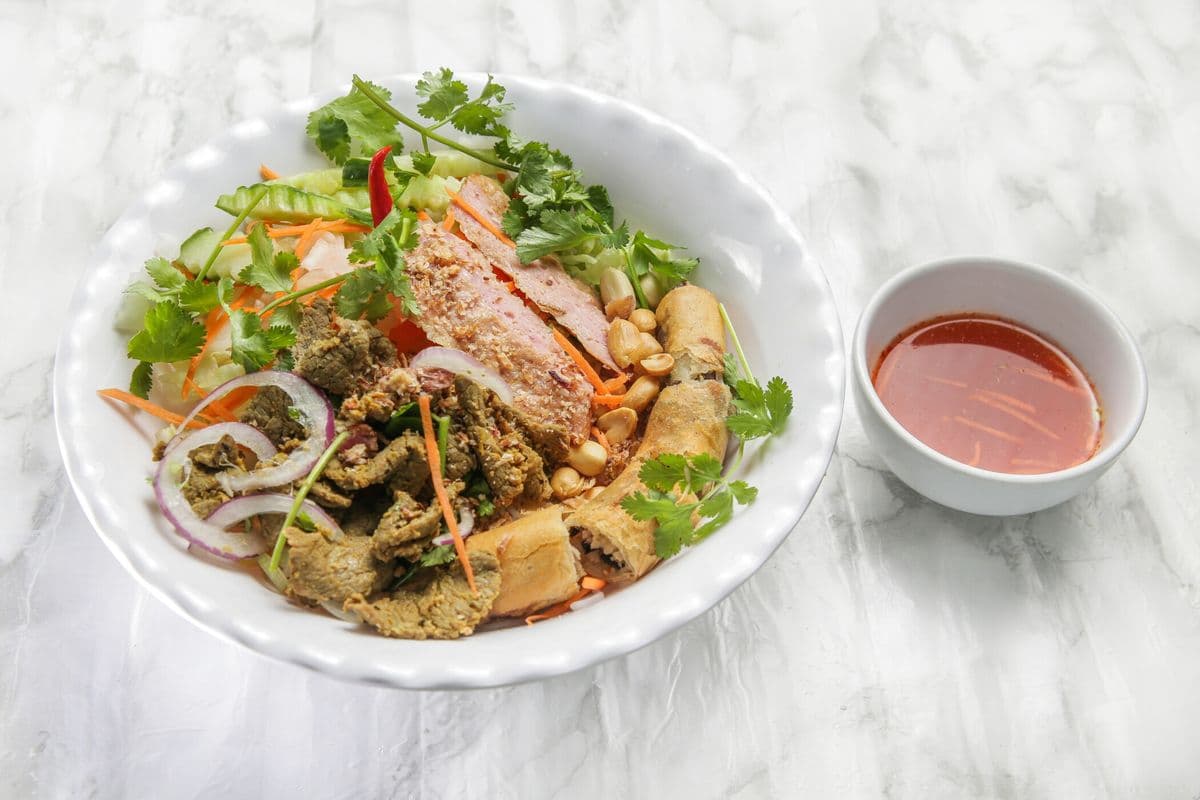 79. Stir-Fried Lemongrass Beef, Grilled Marinated Pork, and Spring Roll with Vermicelli (Bún Bò Xào Xá, Cha Gio, Nem Nuong)