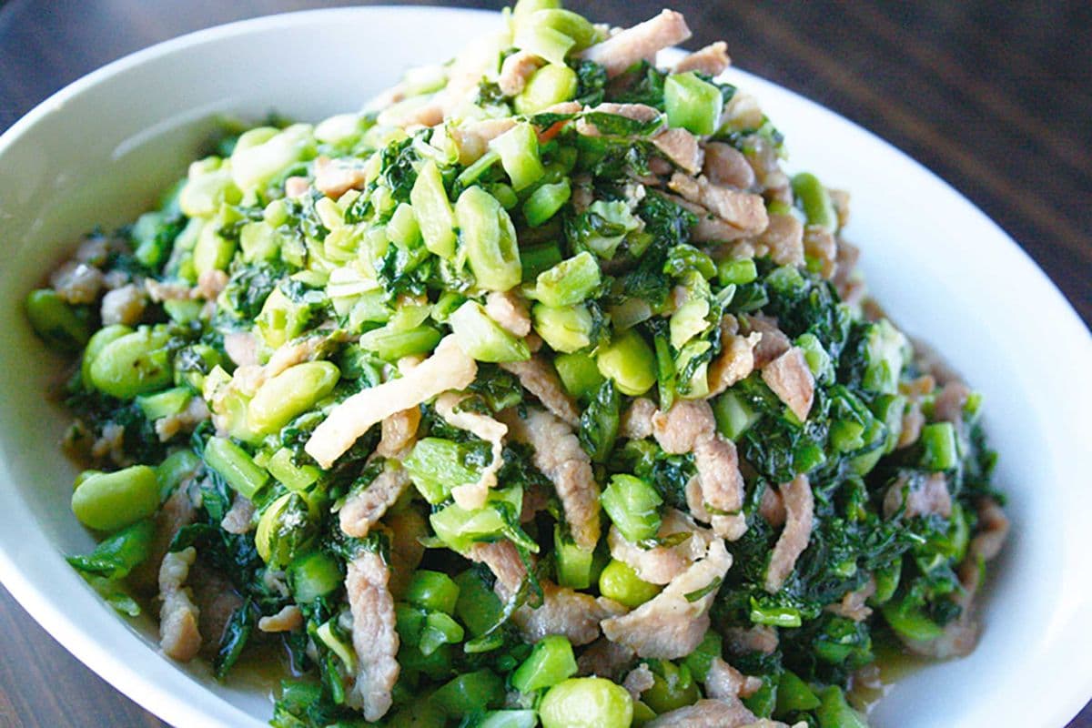 Stir-Fried Salted Vegetables with Pork and Green Beans 雪菜肉絲炒毛豆