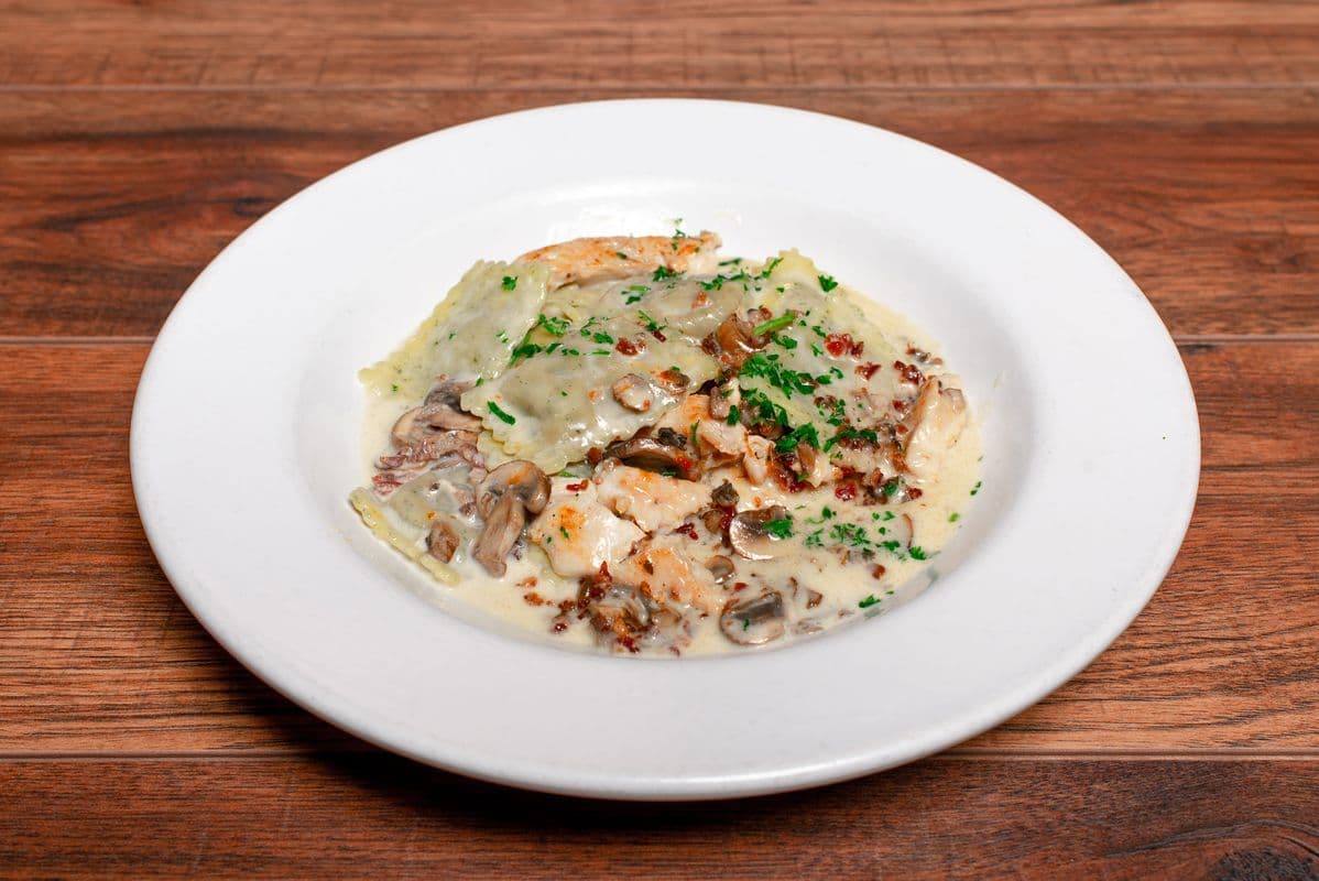 Chicken Alfredo with Mushroom and Mascarpone Cheese Ravioli