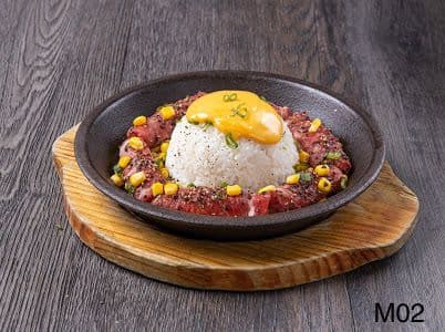 M02. Japanese-Style Pan-Fried Beef  Rice on Sizzling Hot Plate with Teriyaki Sauce and Cheese