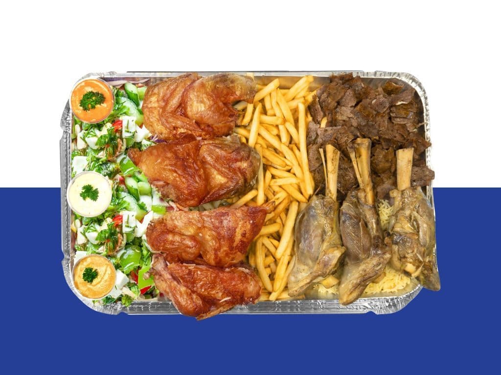 TR SUPER PLATTER, 2 whole chickens, 3 Lamb Shanks, 500 g beef doner, 8 buns 3 Extra Large Sides