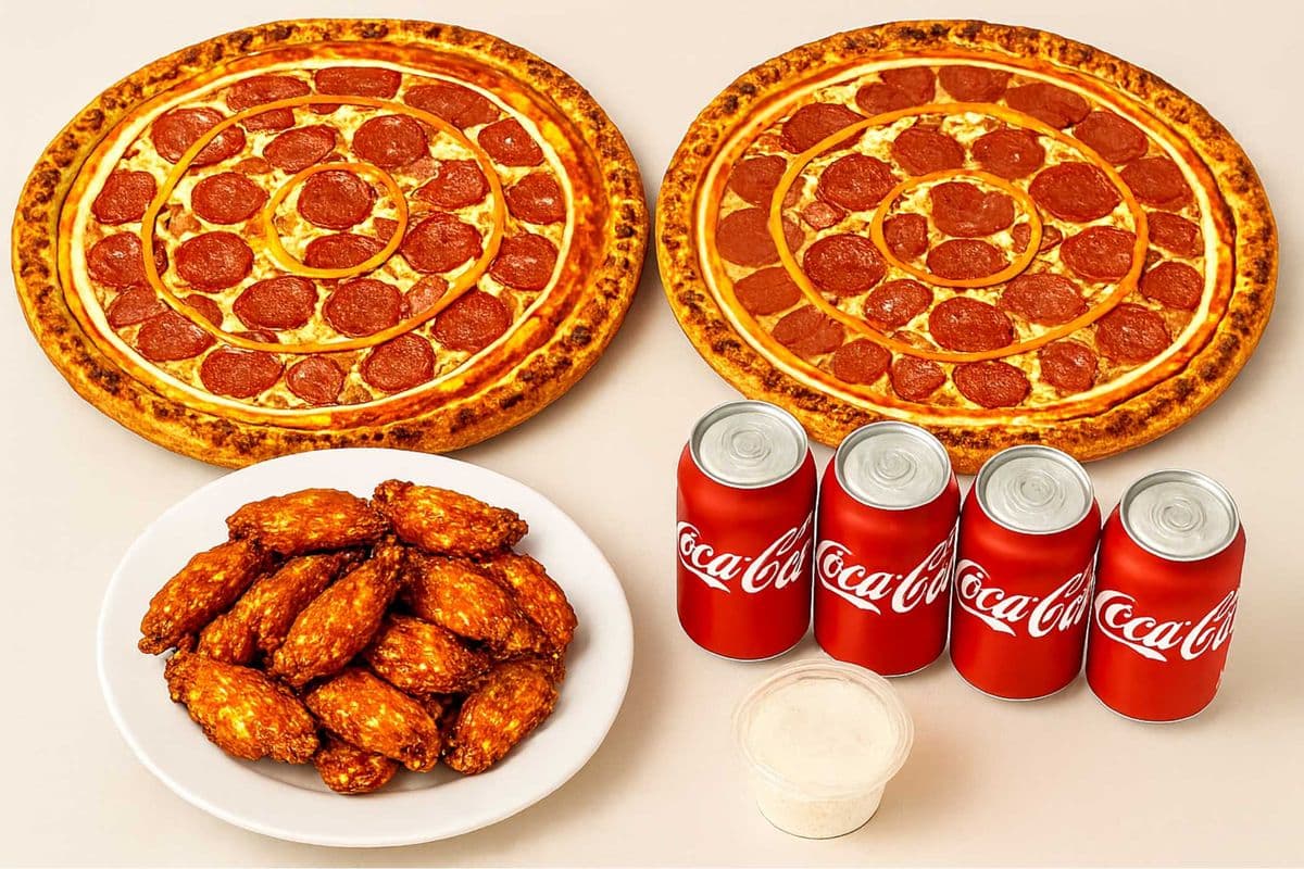One Large with Three Toppings Pizza, Wings (10 pcs), Two Pops, and One Dip