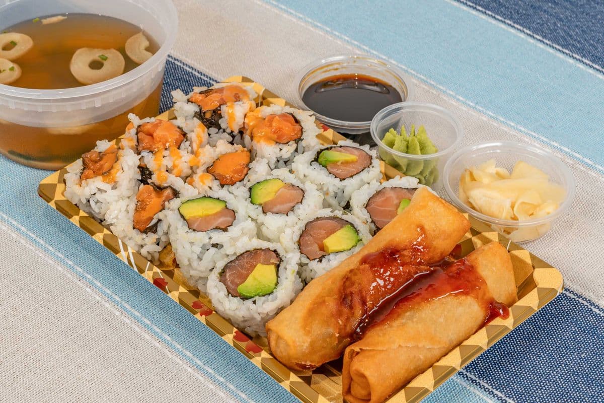 03. Salmon Avocado Roll 6pcs+Spicy Salmon Roll 6pcs + Vege Spring Roll 2pcs+1Miso Soup