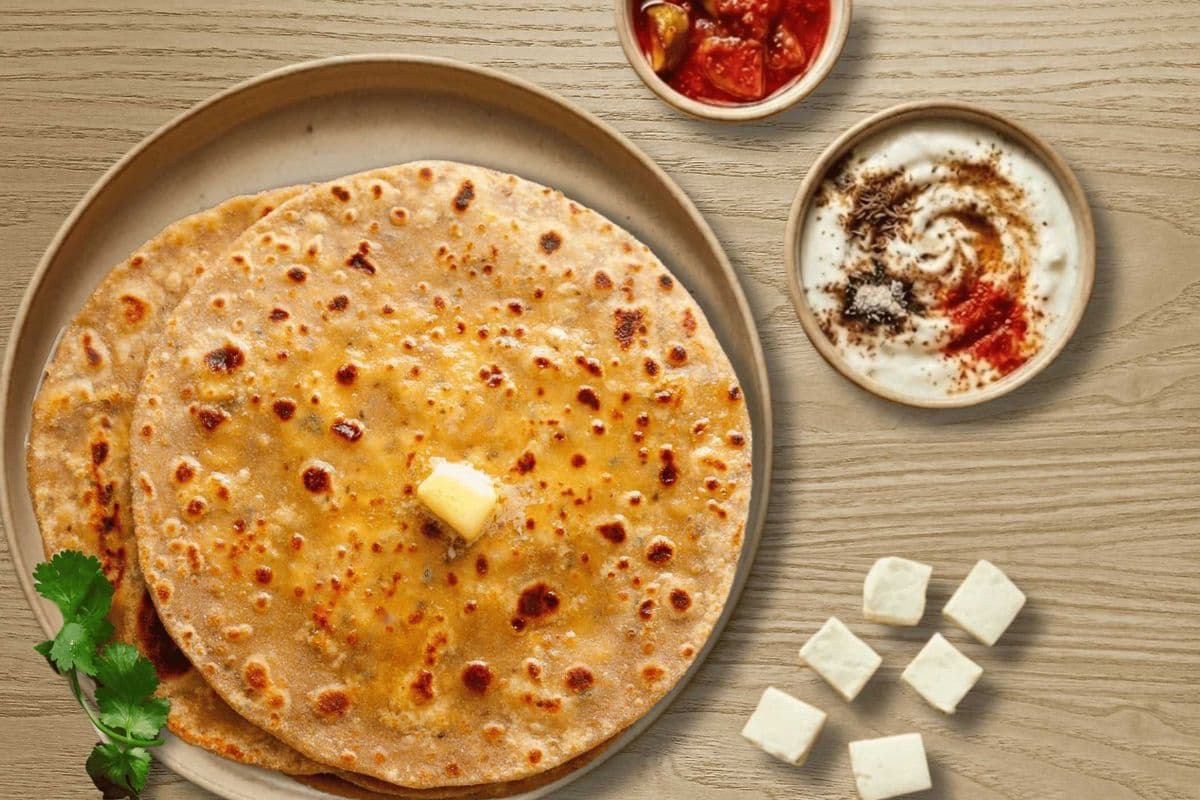 Paneer Parantha, Dahi, and Achaar