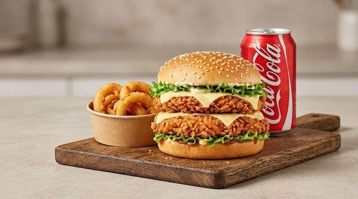 Trio #6 - Burger double poulet mozza + rondelles d'oignon + boisson gazeuse