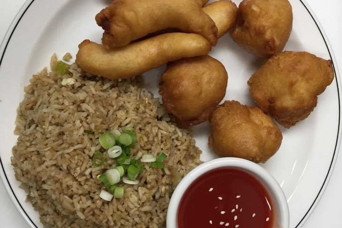 8. Chicken Fried Rice, Sweet-and-Sour Shrimp (4 pieces), and Sweet-and-Sour Chicken Balls (4 pieces).