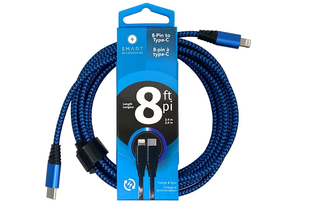 SMART 8 Ft Braided Cable 8-Pin to Type-C Coiled