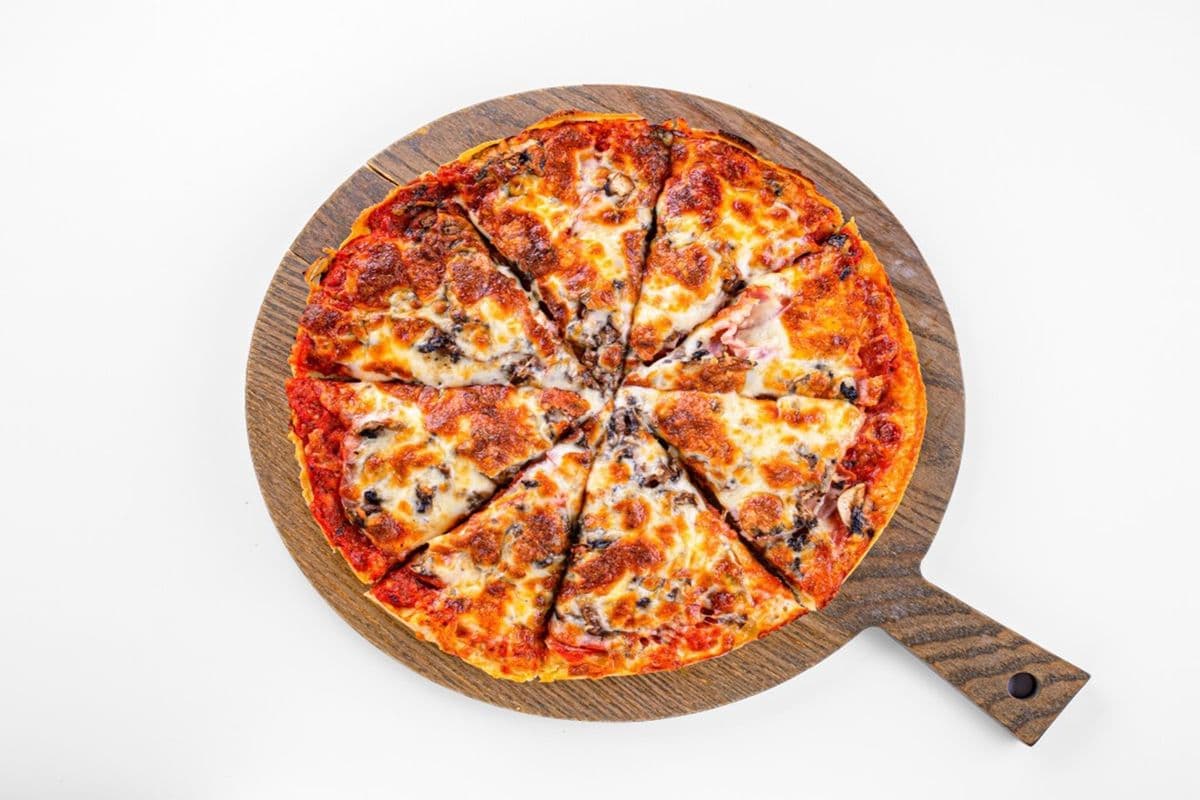 9. 12" Large Bacon, Pepperoni, and Mushroom Pizza