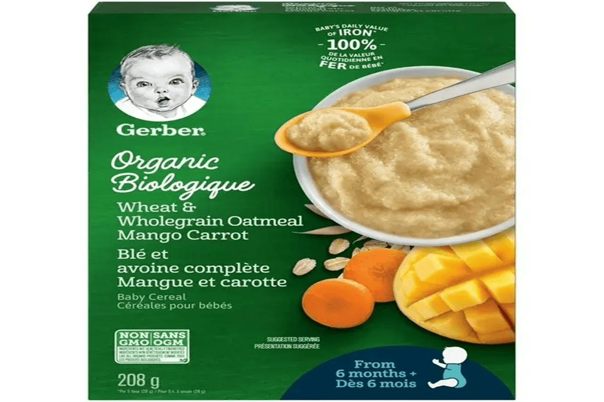Gerber Organic Cereal - Wheat and Wholegrain Oat Mango Carrot, Baby Cereal (208 g)