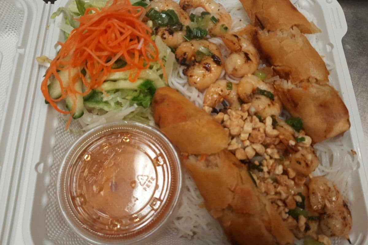28. Skewered Shrimps (2 pcs) and Pork Spring Rolls