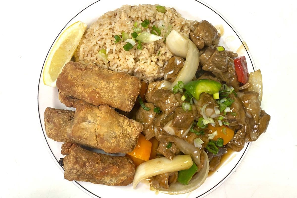 14. Chicken Fried Rice, Garlic Spareribs, and Bon Bon Spareribs (5 pieces) with 1 piece of lemon.