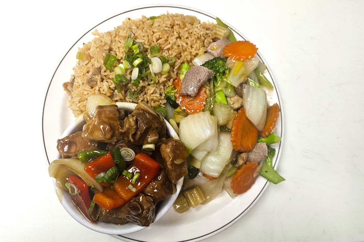 13. Chicken Fried Rice, Garlic Spareribs, and Beef Mixed Greens
