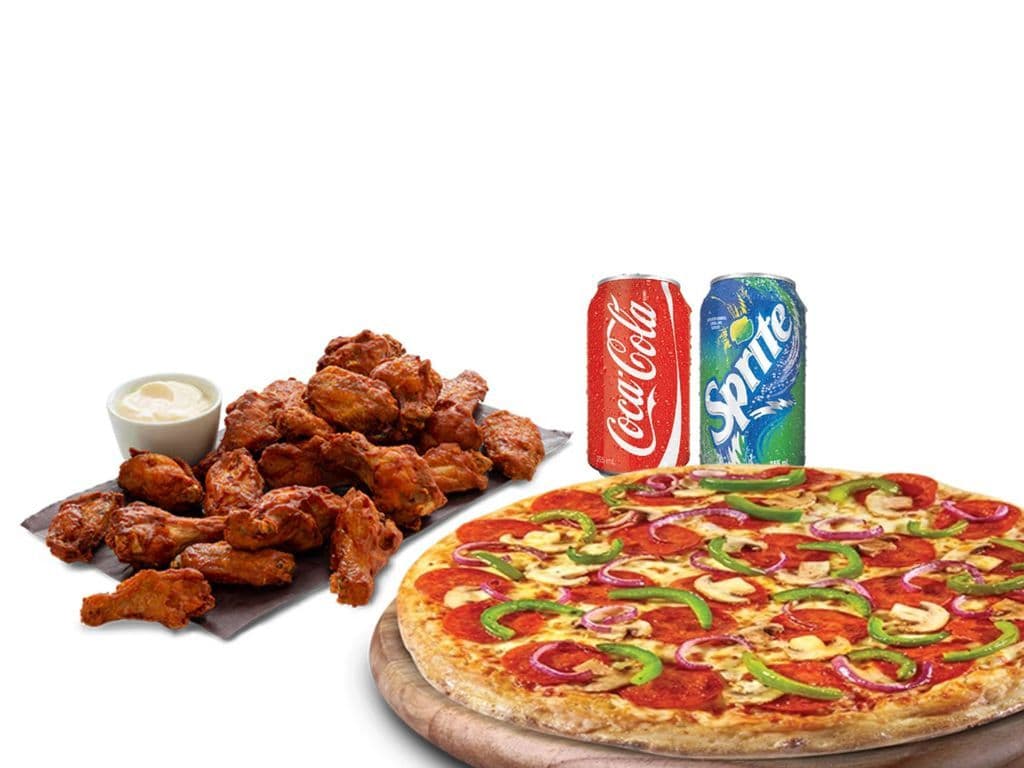 1 X-Large 3 Topping 10 Wings 1 Dip & 1 Pop