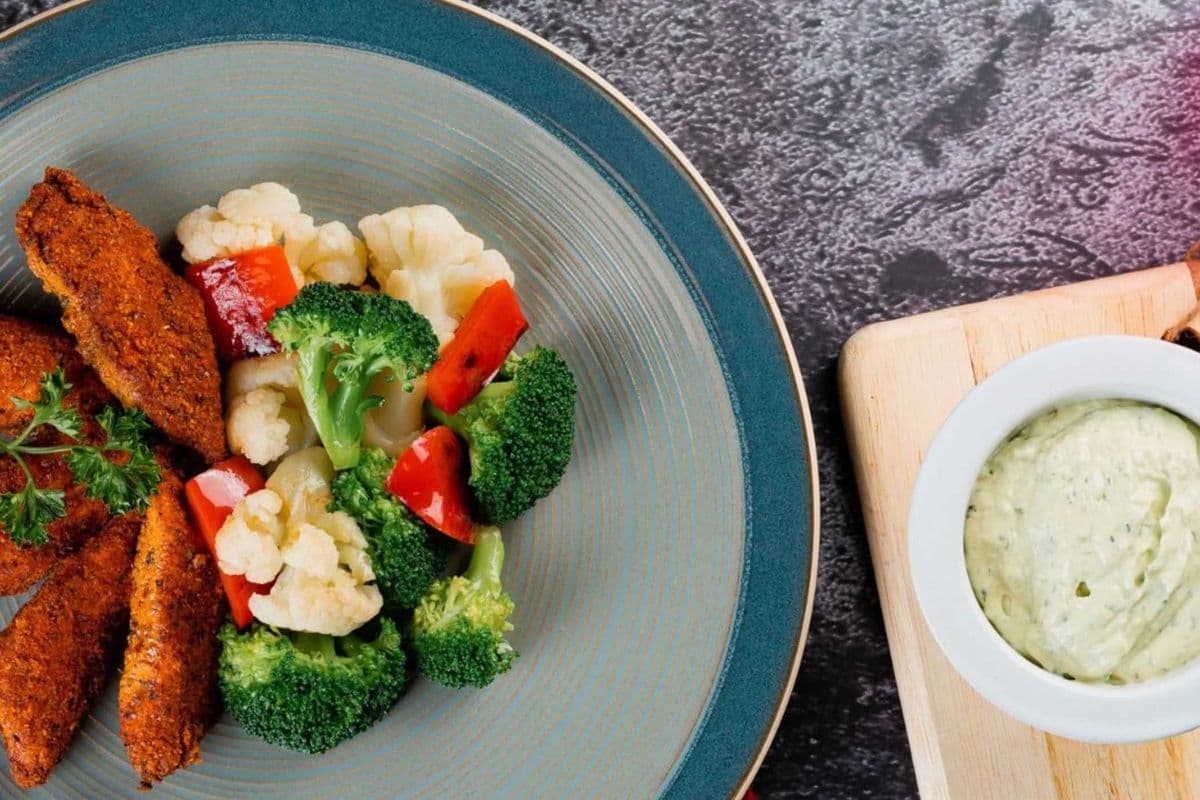 Chicken Fingers with Avocao Aoili and Roasted Vegetable Medley - Low-Carb | GF | Diabetic Friendly