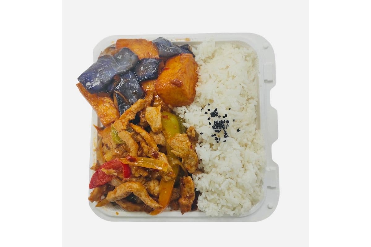 g. Sichuan Shredded Pork (Spicy) with Braised Eggplants and Tofu