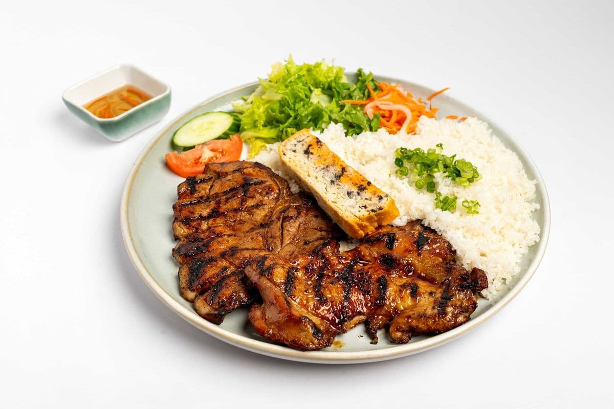 C1. Grilled Pork Chop and Chicken with Egg Meatloaf on Broken Rice / Cơm Sườn, Gà Chả Trứng