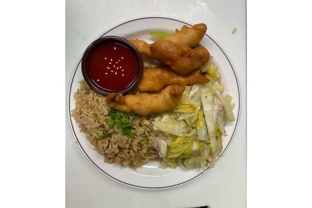 7. Chicken Fried Rice, Sweet-and-Sour Shrimp (4 pieces), and Chicken Chop Suey.