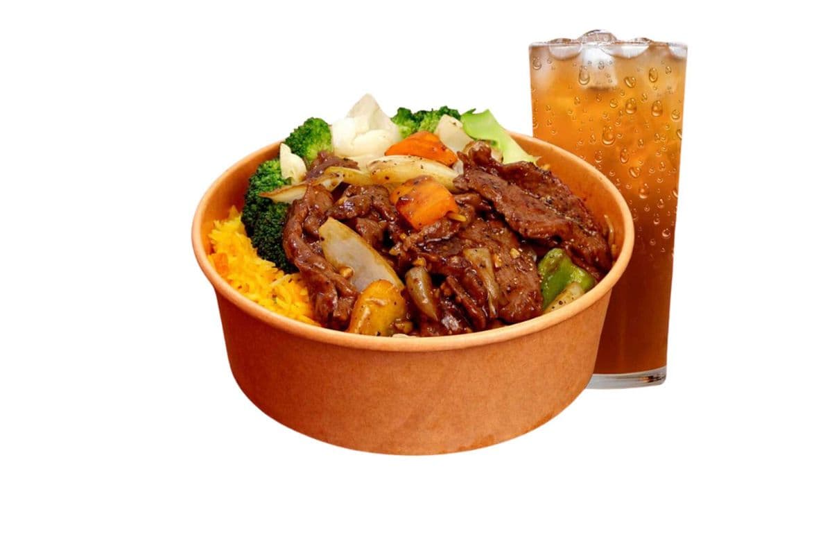 Combo 8 (Black Pepper Beef, Stir Fried Veggies, Chow Mein, Fried Rice)