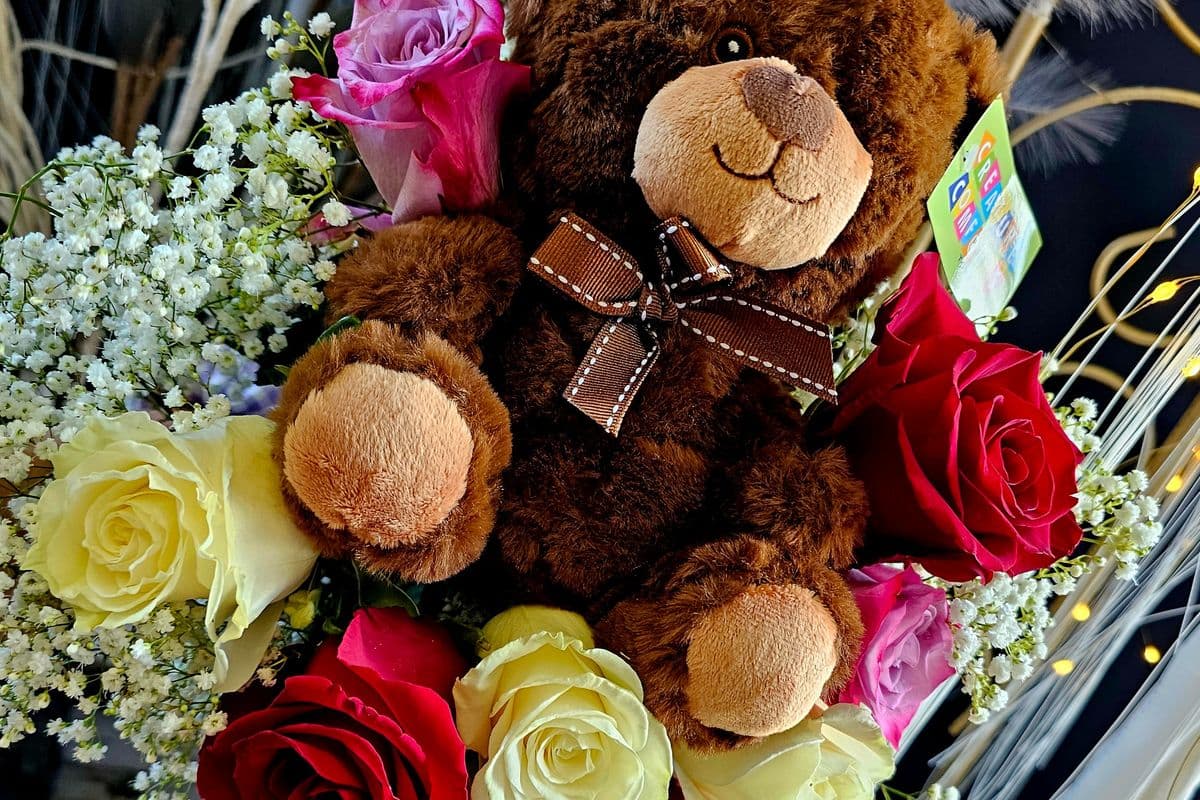 Dozen Assorted Roses and Teddy Wrapped